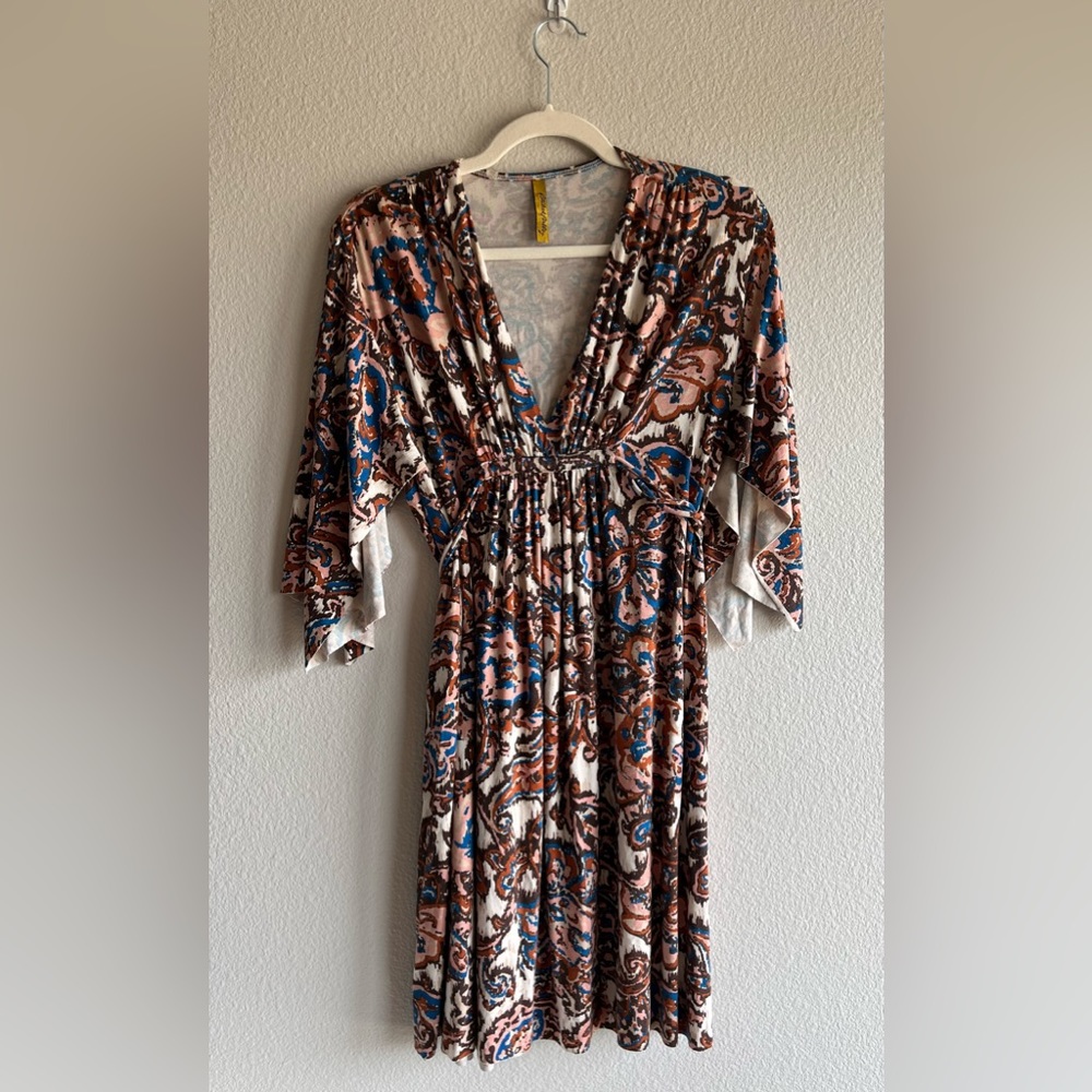NWOT Rachel Pally Maternity, V-neck printed brown, pink, blue & cream dress